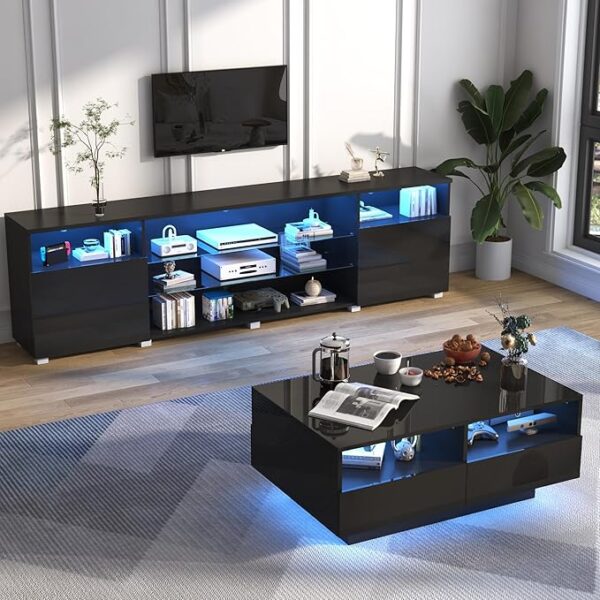 LED TV Stand for 75-90" TV – Modern Media Console with Drawer & LED Lights (Black)