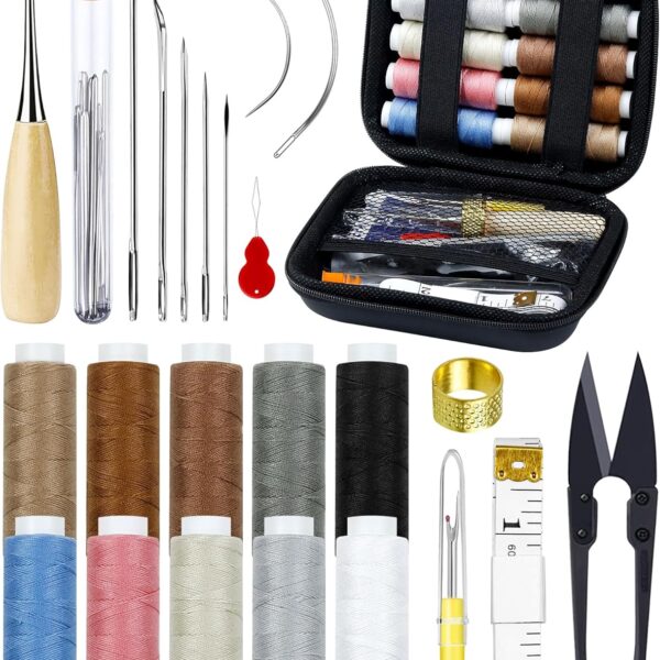 47-Piece Upholstery Repair Sewing Kit, Heavy Duty with Awl, Seam Ripper, Leather Needles & Thread for Car, Sofa, Backpack, Shoes & DIY Crafts