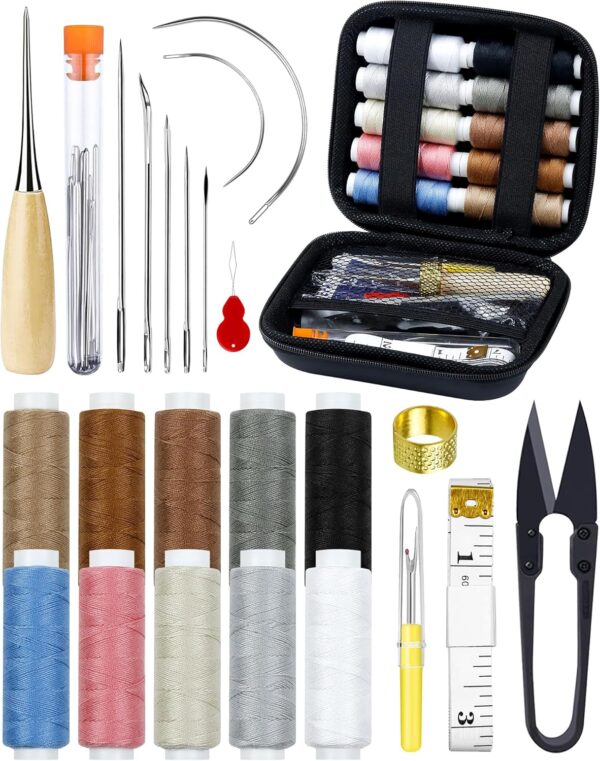 47-Piece Upholstery Repair Sewing Kit, Heavy Duty with Awl, Seam Ripper, Leather Needles & Thread for Car, Sofa, Backpack, Shoes & DIY Crafts