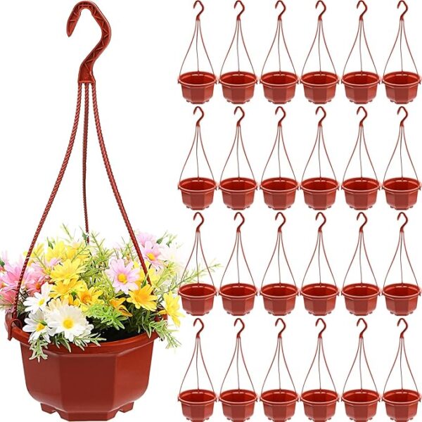 24 Pcs Hanging Plastic Planter Pots with Hooks - 6.7 Inch, Brown