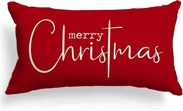 Merry Christmas Pillow Cover, Red Cotton Linen 12x20" Decorative Throw for Sofa & Home Decor