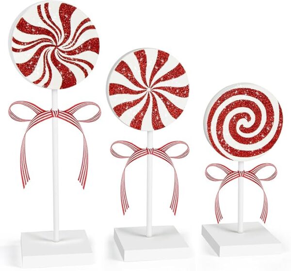 3-Piece Wooden Christmas Candy Decor Set, Rustic Red Tiered Tray Decorations for Home Tables