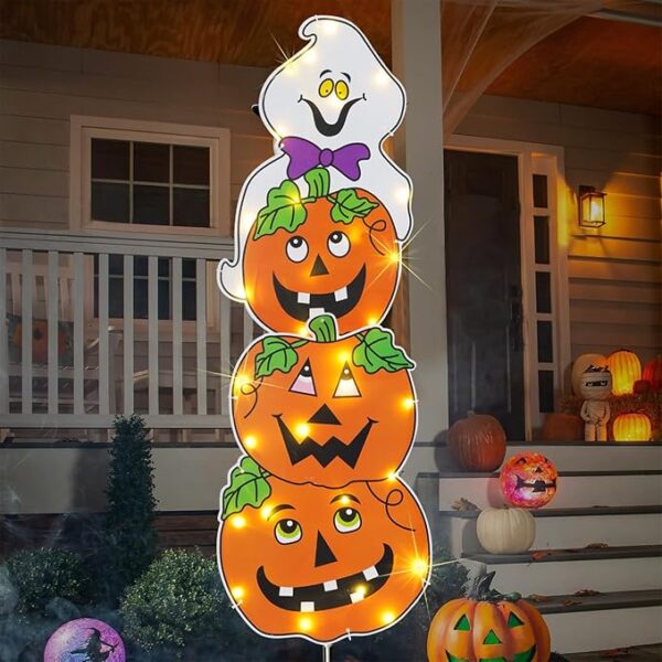 38" Halloween Garden Stakes, 3 Pumpkins & 1 Ghost Pre-Lit Outdoor Decorations for Lawn & Patio