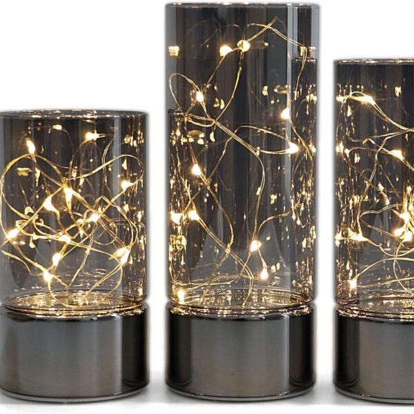 Set of 3 Glass Cylinder Lanterns – Battery-Operated Fairy Lights with Flameless Candles & Timer