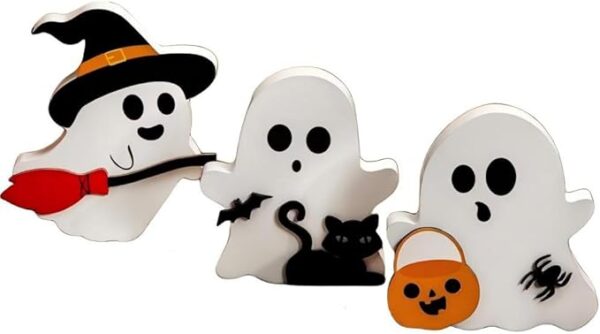 3-Piece Cute Halloween Ghost Decorations, PVC Table Signs for Tiered Tray & Home Decor