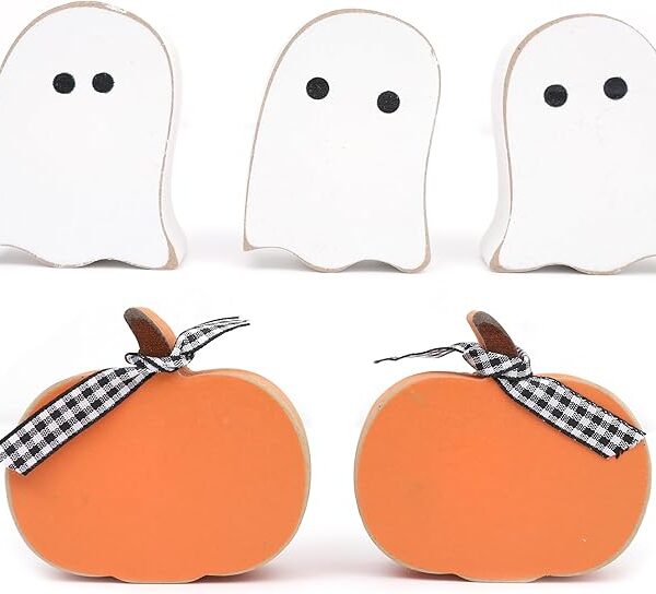 Wooden Pumpkin & Ghost Decorations, Mini Halloween Fall Decor for Tiered Tray & Photo Props