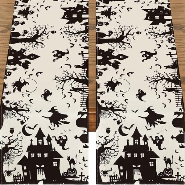 2-Piece Black & White Halloween Table Runner Set, Spooky Haunted House & Witch Design for Dining & Party Decor (13x72")
