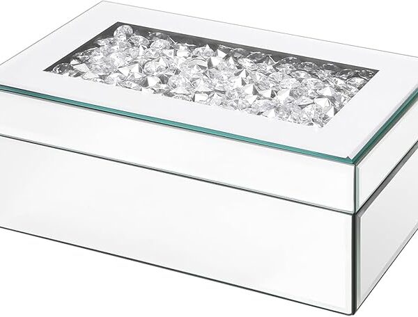 Luxury Silver Crushed Diamond Jewelry Box, Mirrored Glass Organizer for Rings & Jewelry Storage