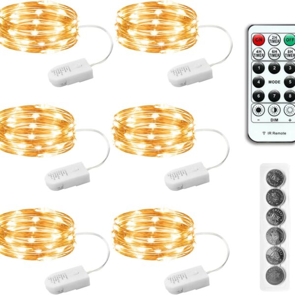6-Pack Battery-Operated Fairy Lights – 7ft 20LED Warm White Twinkle Lights with Remote & Timer