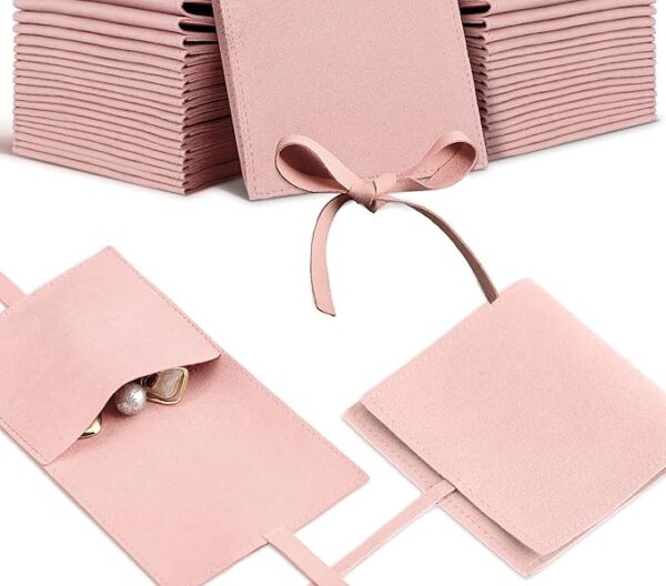 40-Piece Pink Microfiber Jewelry Pouches, 8x8 cm Envelope Style with Bow Tie & Divider for Bracelets & Necklaces