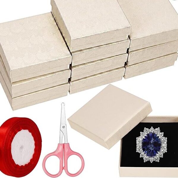 12-Piece Beige Cardboard Jewelry Gift Boxes with Ribbon & Scissors, 3.5×3.5×1 Inches for Necklace & Bracelet Packaging