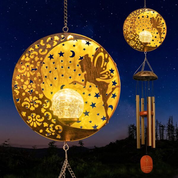 Solar Wind Chimes – Outdoor Moon Fairy Lights with 4 Aluminum Tubes, Patio & Garden Decor, Gift for Women