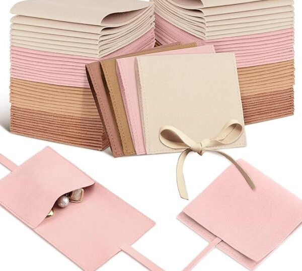 40-Piece Multicolor Microfiber Jewelry Pouches, 8x8 cm Envelope Style with Bow Tie & Divider