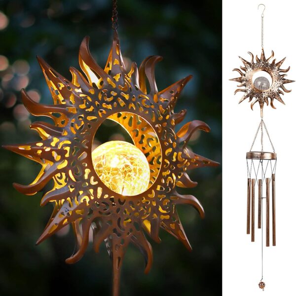 Solar Wind Chimes with LED Crackle Glass – Waterproof Outdoor Chimes, 42" Metal, Gift for Her/Him