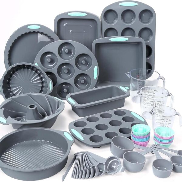 54-Piece Silicone Baking Set – Cake Molds, Loaf & Muffin Pans, Cups, and Measuring Tools (Grey)