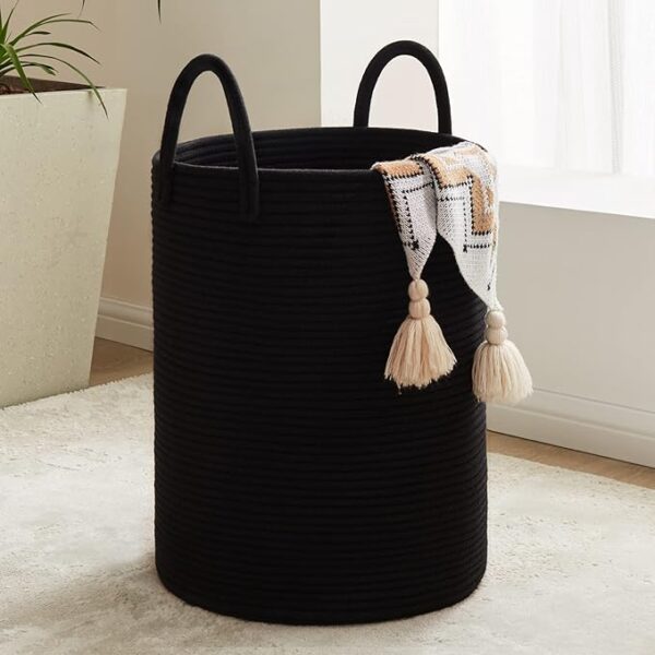 58L Woven Rope Laundry Basket, Tall Hamper for Blankets, Clothes & Nursery Storage (Black)