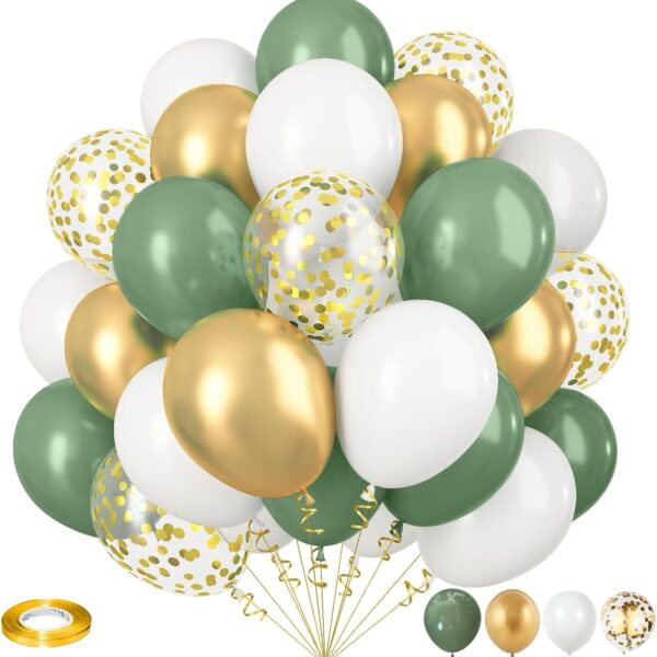 Sage Green & Gold Balloon Set – 12" Olive, White & Metallic Confetti for Birthdays & Weddings