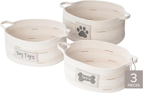 Set of 3 RGI Home Dog Toy Storage Baskets, Oval Fabric Rope Organizer Bins for Pets & Household (Charcoal Gray on Ivory)