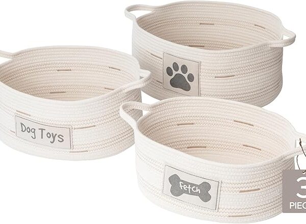 Set of 3 RGI Home Dog Toy Storage Baskets, Oval Fabric Rope Organizer Bins for Pets & Household (Charcoal Gray on Ivory)