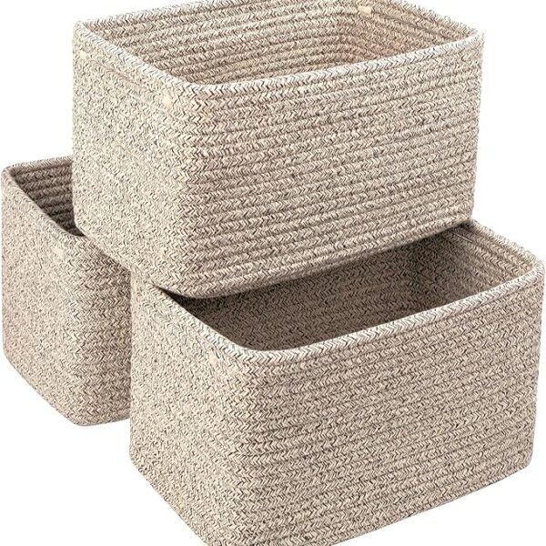 Set of 3 Small Cotton Rope Storage Baskets (11"x7"x7"), Woven Bins for Toys, Towels & Home Decor (Beige)