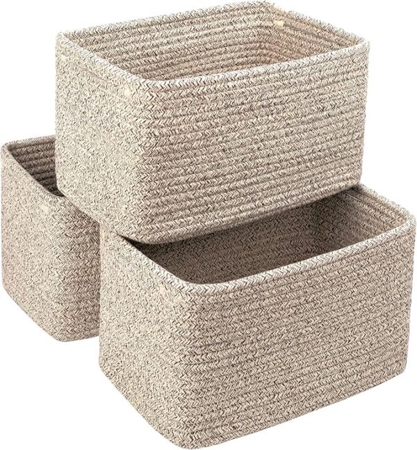 Set of 3 Small Cotton Rope Storage Baskets (11"x7"x7"), Woven Bins for Toys, Towels & Home Decor (Beige)