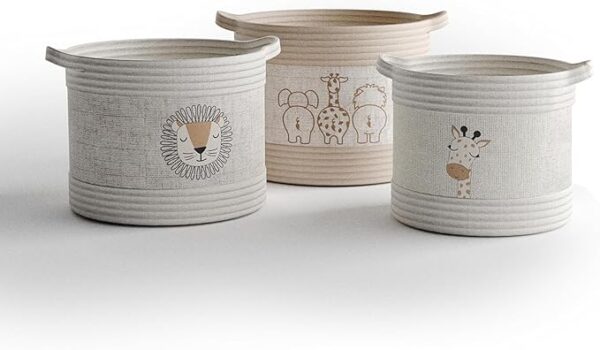 Set of 3 RGI Home Decorative Storage Baskets with Safari Animal Prints, Fabric Rope & Linen Bins for Nursery/Playroom (Ivory, Tan, Linen)
