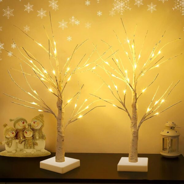 Set of 2 Warm White Birch LED Fairy Light Trees, Battery/USB Powered, 24 LEDs for Home & Event Decor