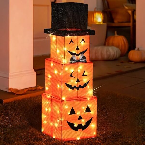 3ft Halloween Stacked Pumpkins with 75 LEDs, Pre-Lit Halloween Decoration for Indoor/Outdoor, Garden & Courtyard