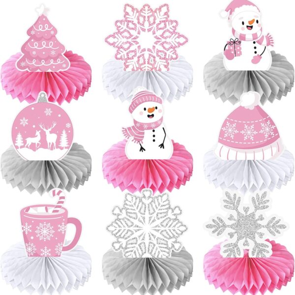 9-Piece Winter Honeycomb Snowflake Centerpieces – Pink Christmas & Party Decorations