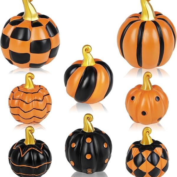 Set of 8 Thanksgiving Fall Ceramic Pumpkins, Black & Orange, 2 Sizes for Indoor Home Decor