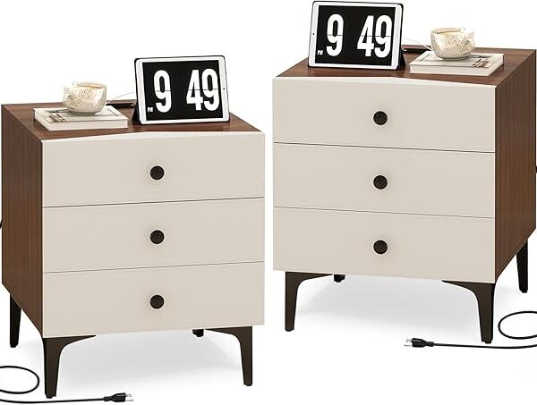 Set of 2 Nightstands with 3 Drawers and Charging Station – Modern Bedroom Furniture