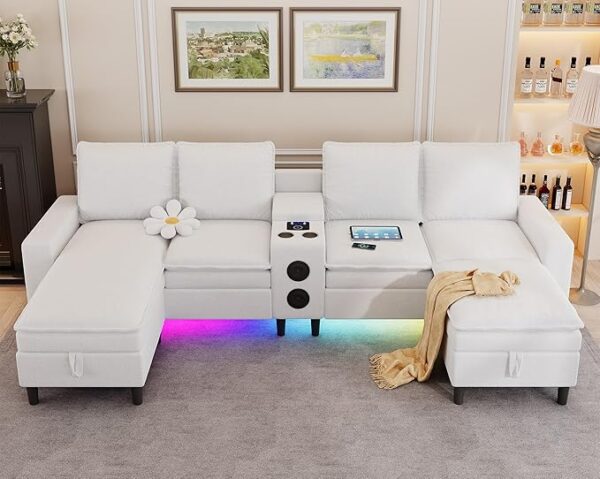 4-Seat Sectional Sofa with Smart Features – Bluetooth Speaker, RGB Light, Charging Station, Storage Ottoman (White)
