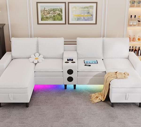 4-Seat Sectional Sofa with Smart Features – Bluetooth Speaker, RGB Light, Charging Station, Storage Ottoman (White)