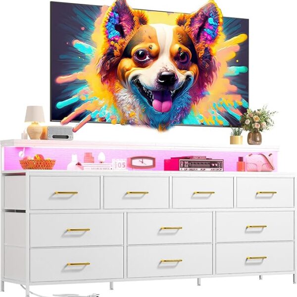 55" White Dresser with 10 Drawers, LED Lights & Power Outlets – Metal Frame for Bedroom or Closet
