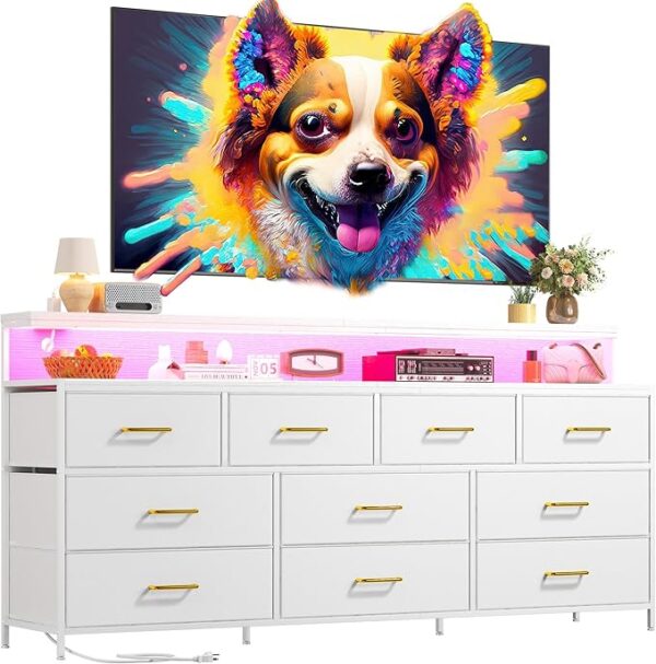 55" White Dresser with 10 Drawers, LED Lights & Power Outlets – Metal Frame for Bedroom or Closet