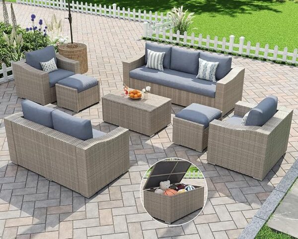 7-Piece Outdoor Patio Furniture Set – Wicker Sectional Sofa with Storage Coffee Table & Ottomans