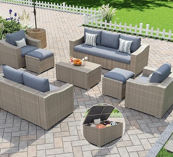 7-Piece Outdoor Patio Furniture Set – Wicker Sectional Sofa with Storage Coffee Table & Ottomans
