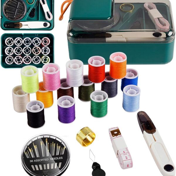 Mini Sewing Kit for Adults & Kids, Includes Needles, Thread, Scissors & Tape Measure (Dark Green)