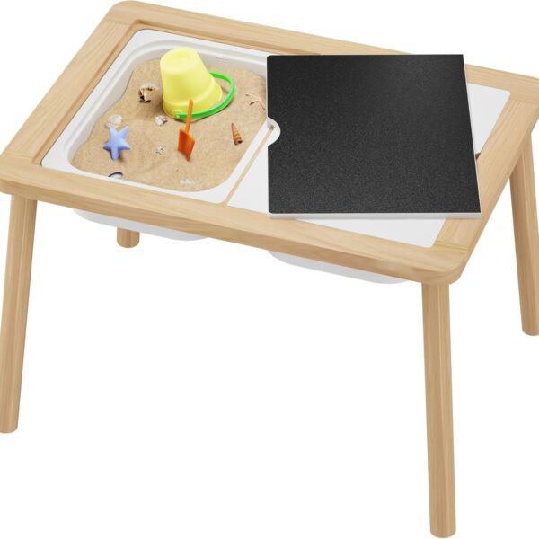 Wooden Sensory & Activity Table for Kids with Bins, Chalkboard & Whiteboard