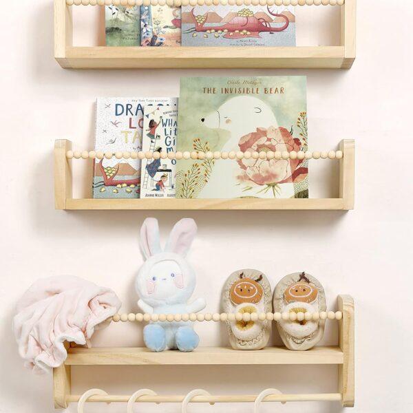 Set of 3 Natural Wood Nursery Wall Shelves with Towel Bar – Hanging Bookshelves for Kids Room & Kitchen
