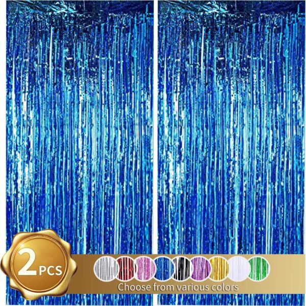 2-Pack Blue Tinsel Door Curtains – Foil Fringe Party Backdrop (3.3ft x 6.6ft)