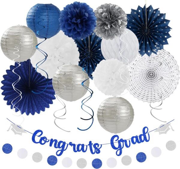 2025 Graduation Party Decor – 21pcs Navy/Silver Congrats Set with Banner, Tassels & Pom Poms