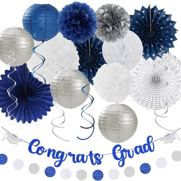 2025 Graduation Party Decor – 21pcs Navy/Silver Congrats Set with Banner, Tassels & Pom Poms
