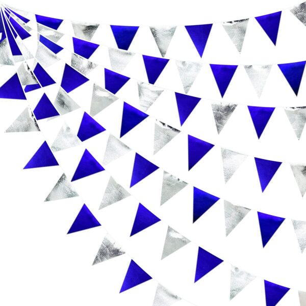 Royal Blue & Silver Pennant Banner – Metallic Fabric Bunting for Parties & Events