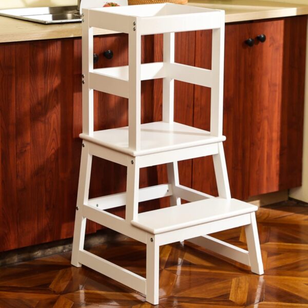 White Wooden Toddler Kitchen Step Stool with Safety Rail – Montessori Standing Tower