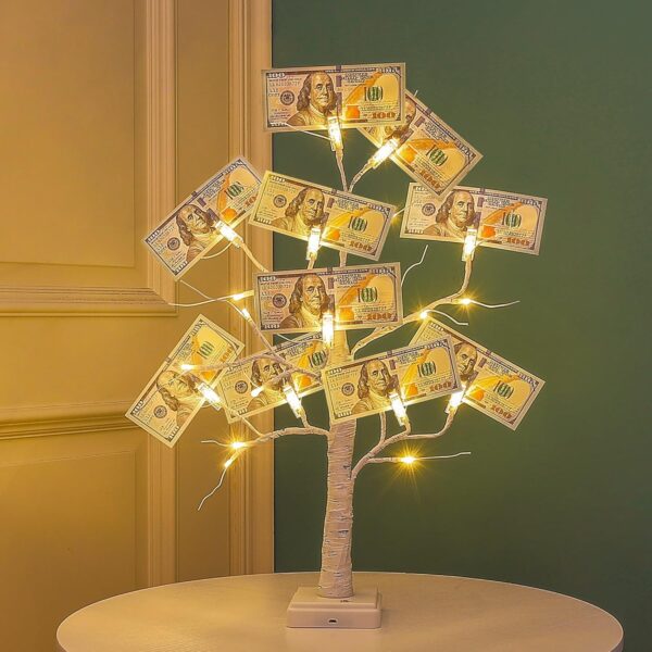 2FT LED Money Tree with 6 Clips & Greeting Cards, Battery/USB Powered Table Centerpiece