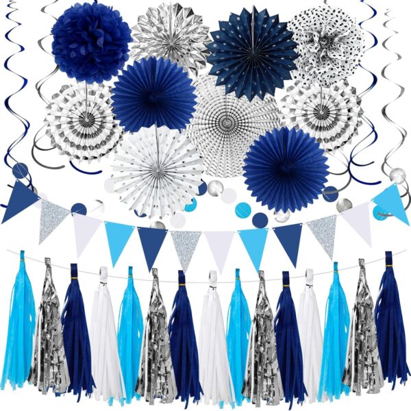 33pcs Navy Blue White Silver Party Decor Kit – Banner, Pom Poms, Lanterns, Garland for Graduation, Wedding, Birthday