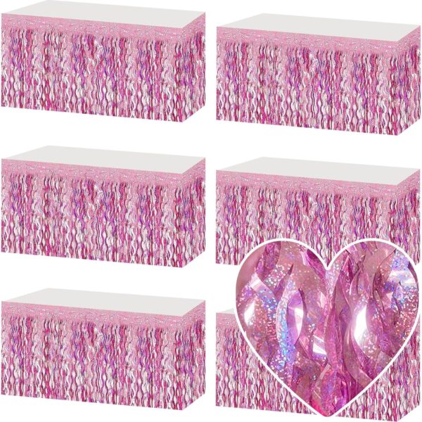 6 Pack Pink Foil Fringe Table Skirts – 29x108 in Metallic Tinsel for Party Decor & Backdrops