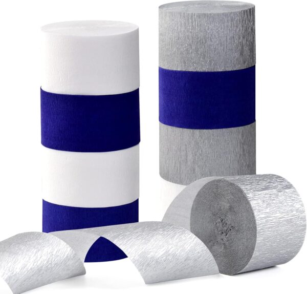 Navy, White & Silver Crepe Streamers – 9 Rolls Party Decor for Graduation, Birthday, Wedding & More