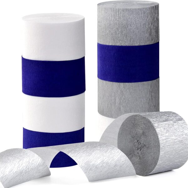 Navy, White & Silver Crepe Streamers – 9 Rolls Party Decor for Graduation, Birthday, Wedding & More